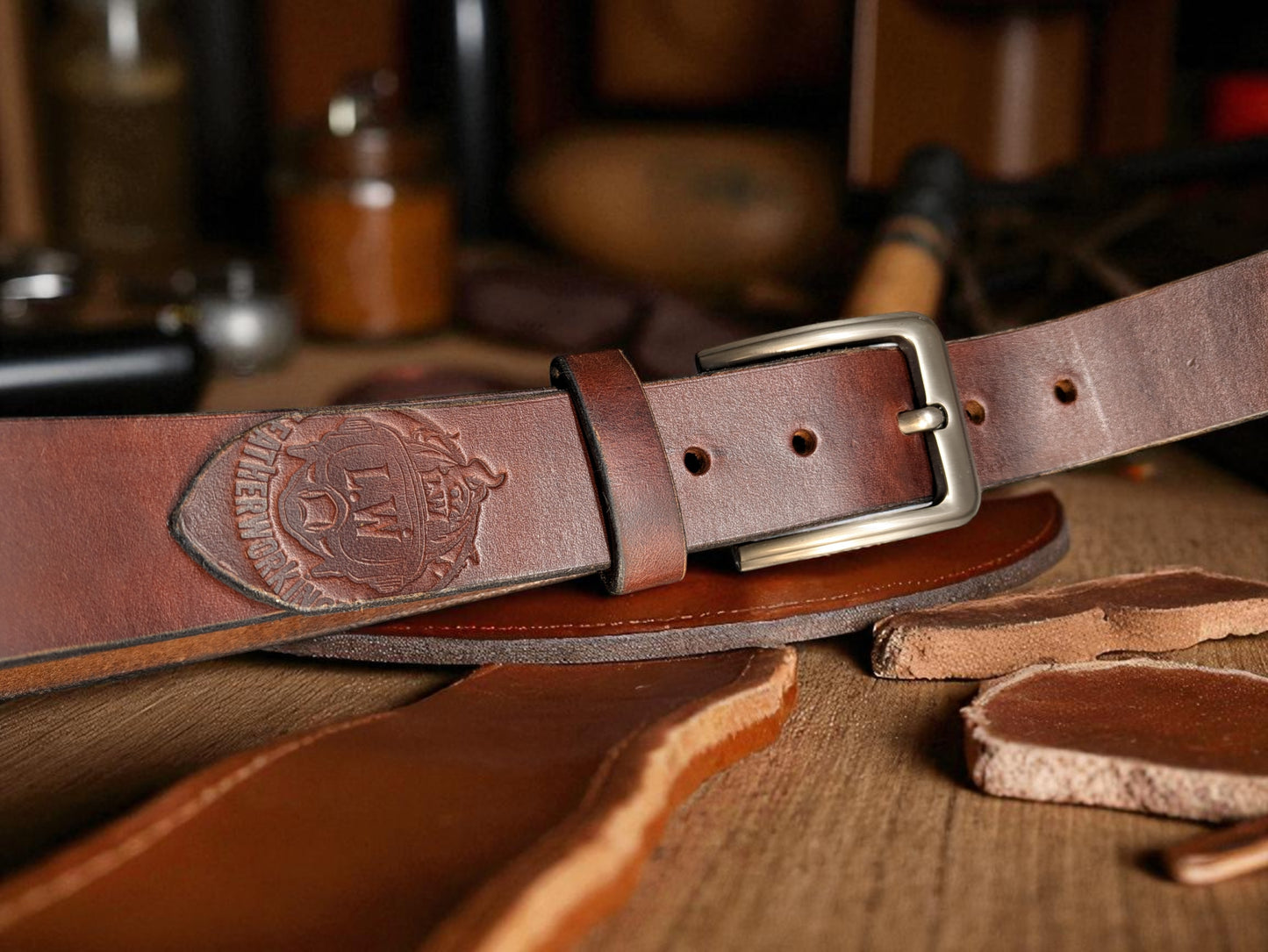 Brown leather belt showing makers mark on an old rustic bench with leather laying around it.
