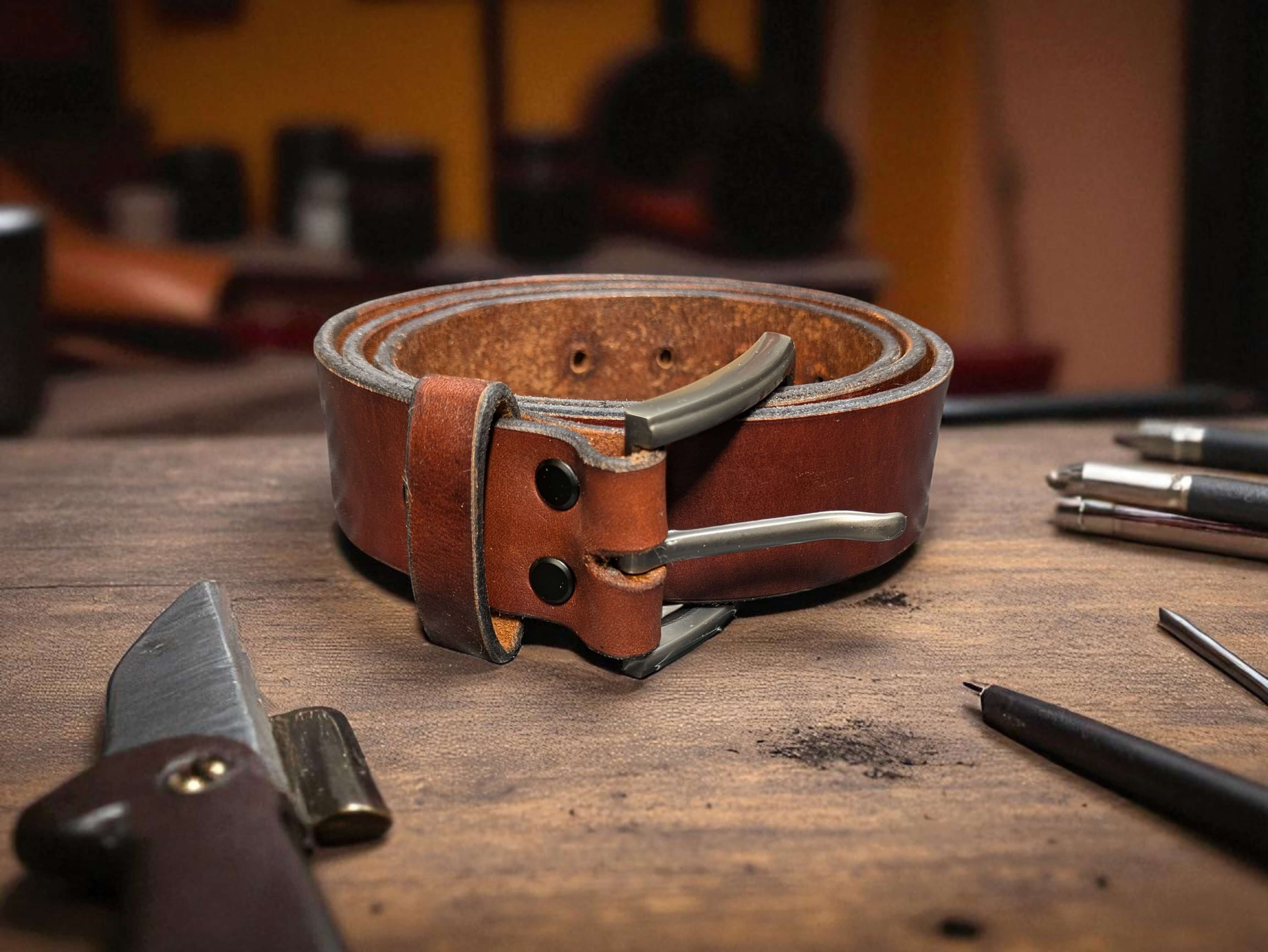 Brown leather belt coiled up on a wooden surface with tools in the background