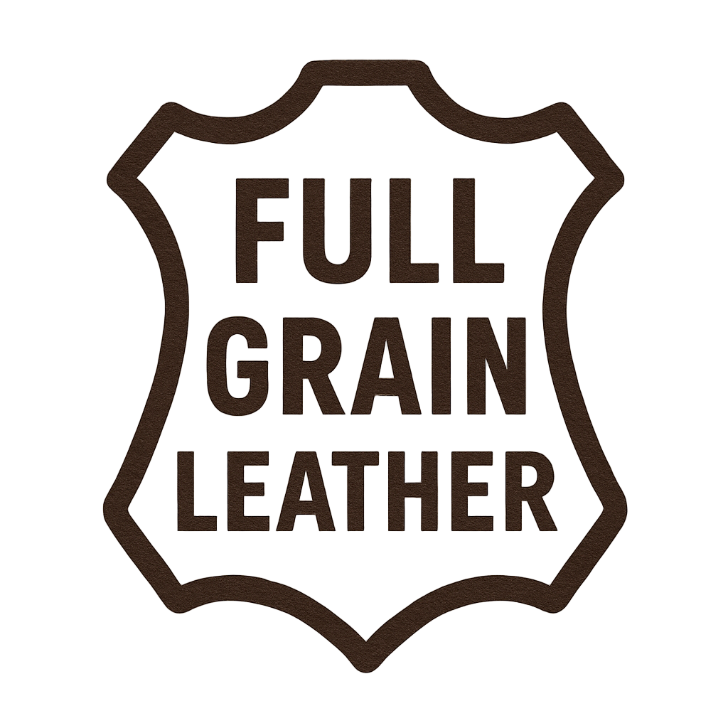 Badge with 'Full Grain Leather' text on a white background