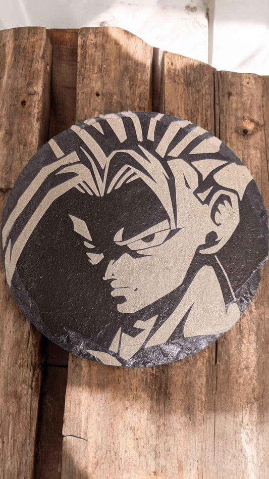 Gohan Dragonball Z Slate Coasters displayed on an oak table.