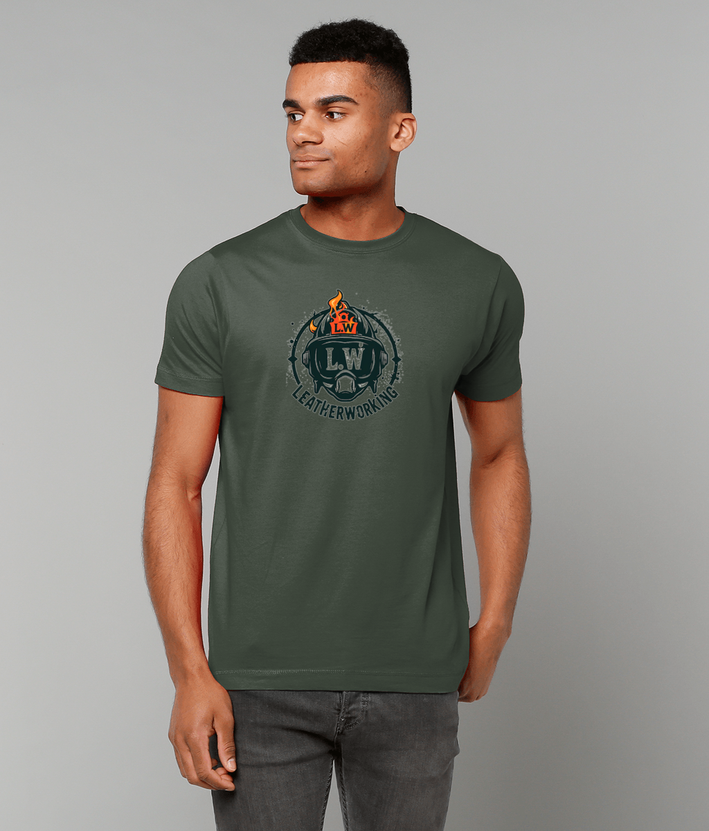 Man wearing a green t-shirt with a logo on a gray background