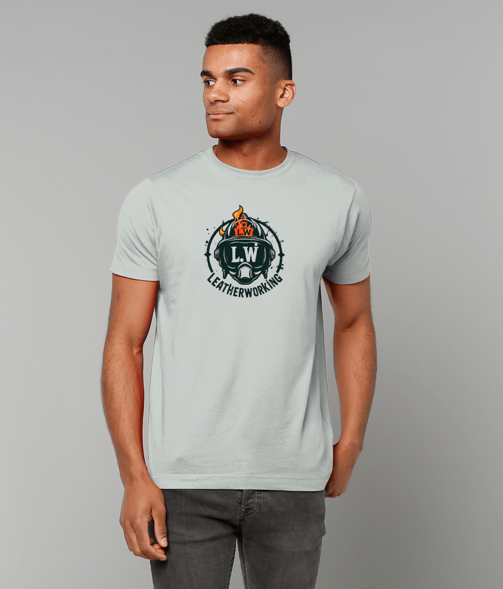 Front Live 4Man wearing a grey t-shirt with a logo on a gray background