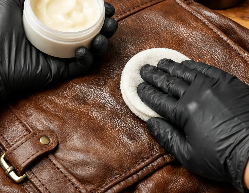 Black nitrile gloved hands conditioning a full-grain leather satchel with a UK-made leather care product