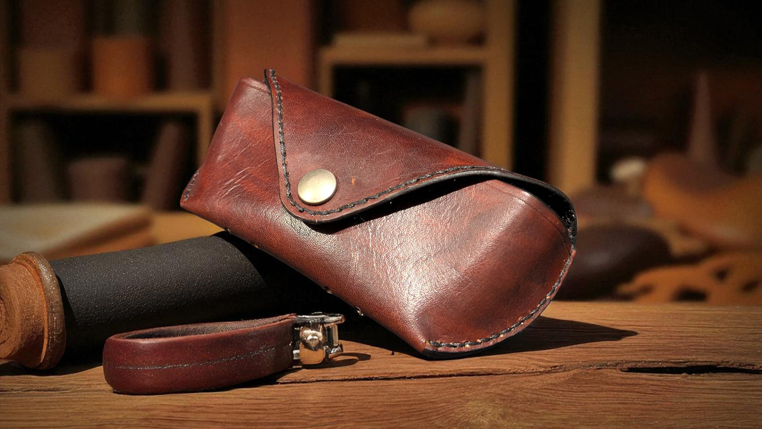 A Dark brown Full Grain leather sunglasses case resting on some leatherworking tools on an old rustic table.