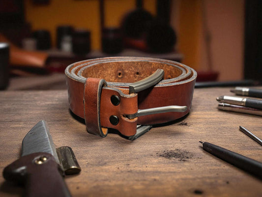 Brown leather belt coiled up on a wooden surface with tools in the background