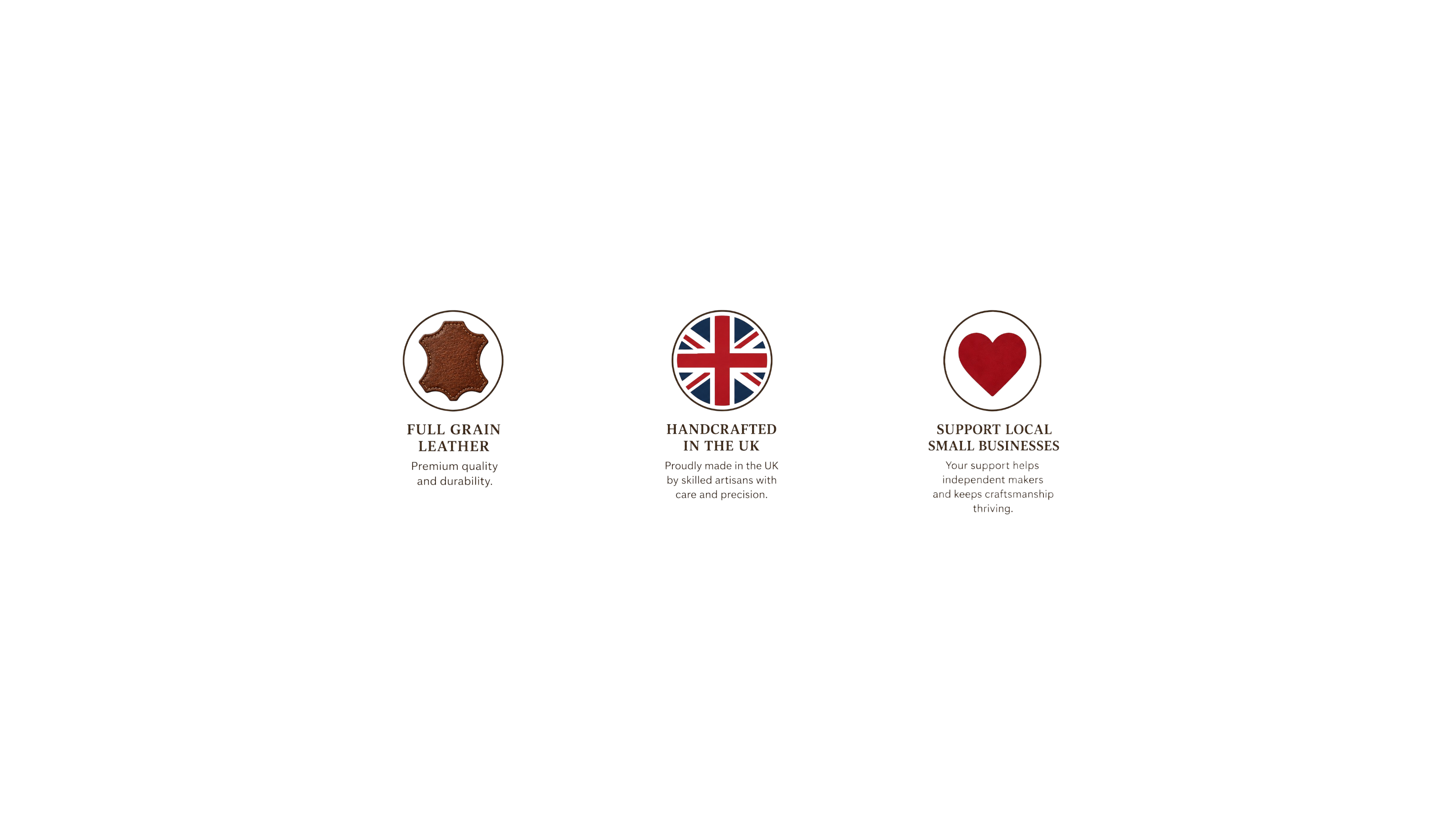 Three circular icons with text underneath: the first icon shows a leather hide representing full grain leather with a description of premium quality and durability, the second icon features the United Kingdom flag indicating handcrafted products made in the UK by skilled artisans, and the third icon displays a heart symbol encouraging support for local small businesses to help independent makers and craftsmanship.