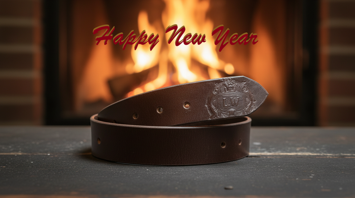 Brown leather belt with a decorative buckle on a wooden surface in front of a fireplace with 'Happy New Year' text.