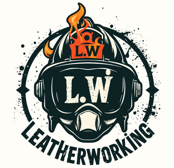 Logo for L.W. Leatherworking featuring a helmet with flames and the initials L.W.