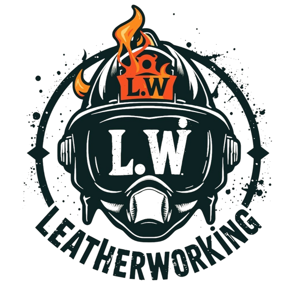 Logo for L.W. Leatherworking featuring a firefighter's helmet with flames and 'L.W.' branding.