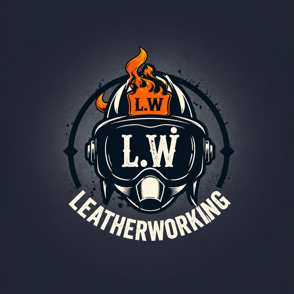 Logo for L.W. Leatherworking featuring a helmet and flame on a dark background