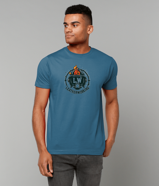 Man wearing a blue t-shirt with a logo on a gray background
