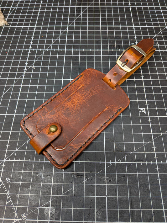 Dark brown Badalassi Carlo full grain leather luggage tag, handmade in Norfolk