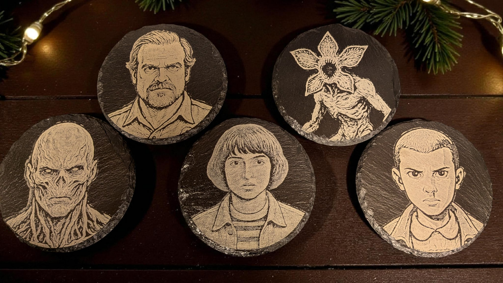 Stranger Things themed Laser Engraved slate drinks coasters (Circular and Square Available) (Copy)