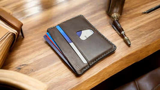 Solaris Brown leather wallet with cards on a wooden surface