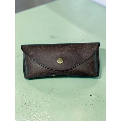 Dark brown badalassi pueblo leather sunglasses case with brass button closure handmade full grain leather eyewear case