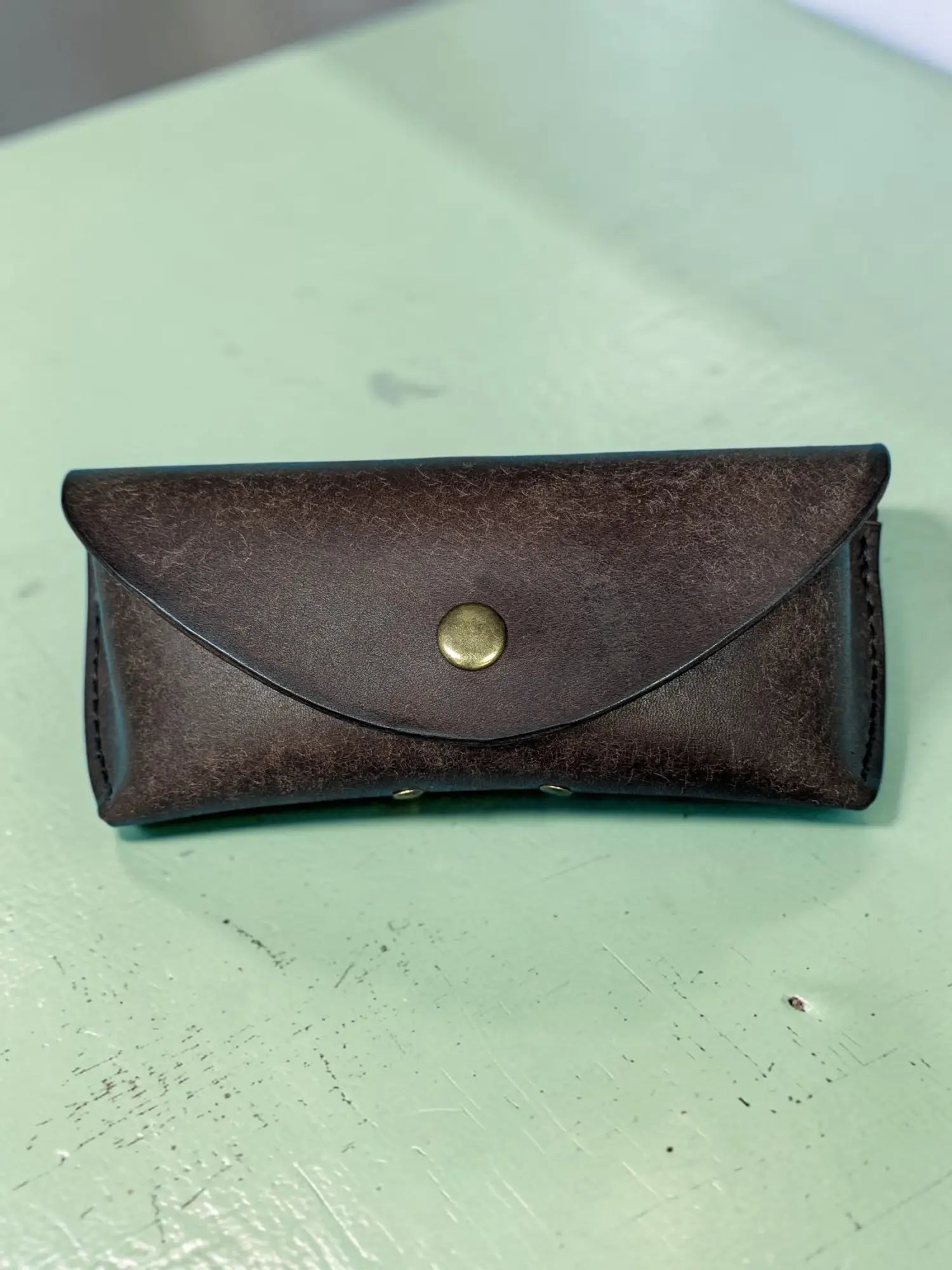 Dark brown badalassi pueblo leather sunglasses case with brass button closure handmade full grain leather eyewear case