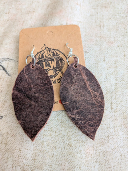 Brown leaf pullup leather earrings featuring dark brown leaf-shaped design with silver-toned hooks