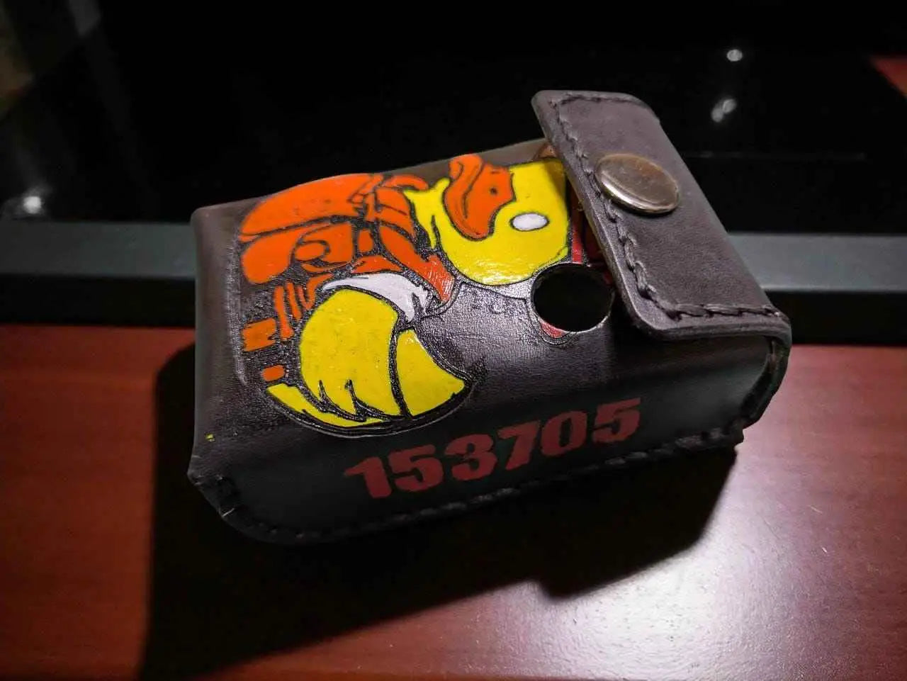 Custom Fire Service Datanet Alerter Case - Handmade Full Grain Leather Pager Holder with a colorful firefighter-themed design and secure snap closure.