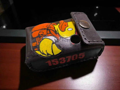 Custom Fire Service Datanet Alerter Case - Handmade Full Grain Leather Pager Holder with a colorful firefighter-themed design and secure snap closure.