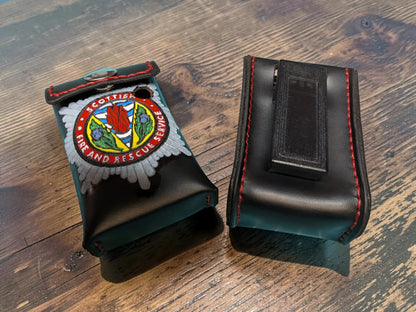 Black leather custom fire service alerter case with red stitching and embroidered scottish fire and rescue patch