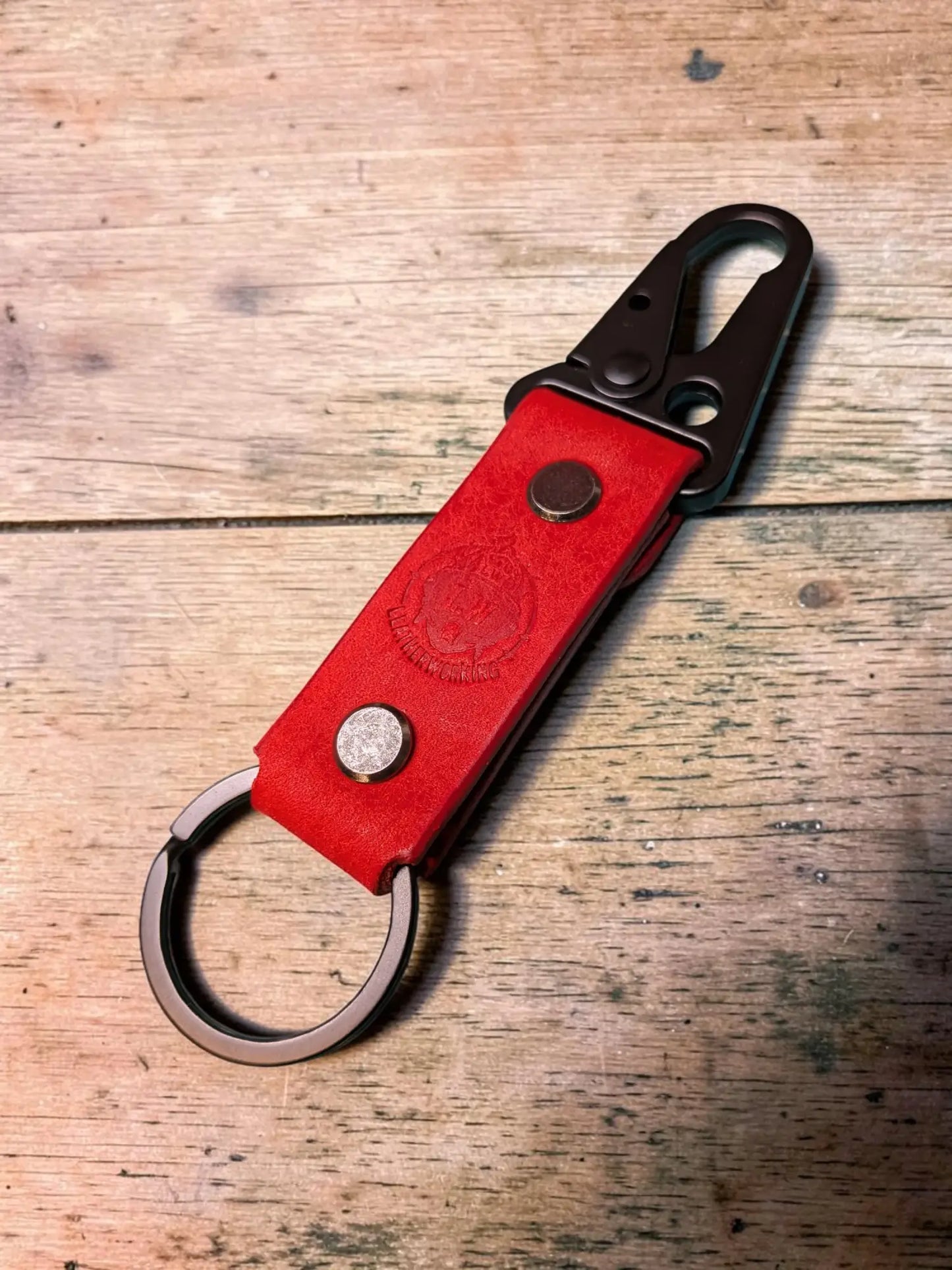 Custom tactical leather red keychain with black metal carabiner and ring from personalized leather keychains collection