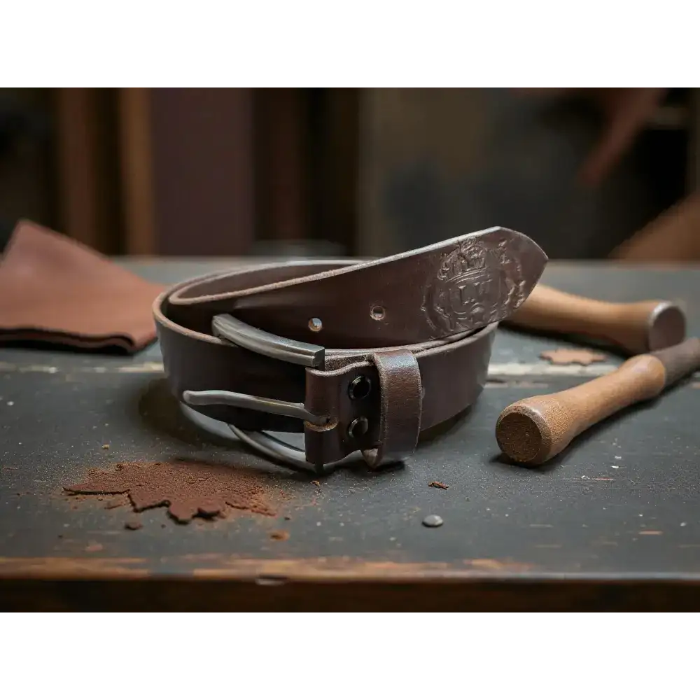 Brown leather belt on a rustic wooden surface with tools in the background