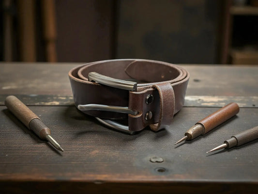 Brown leather belt with silver buckle on a wooden surface, accompanied by two tools.