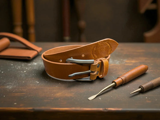 Tan leather belt with tools on a wooden surface