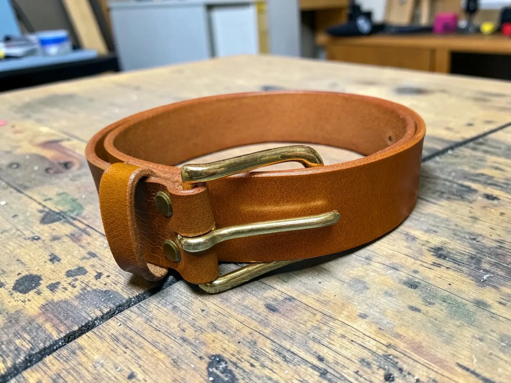 Handmade Full Grain Mid Tan Leather Belt with Solid Brass Buckle- Premium Quality - Belt