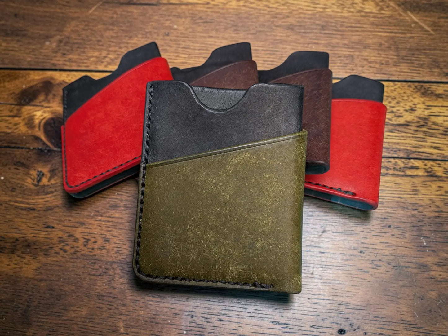 Olive green and black kade card holder full grain leather wallet with visible stitching
