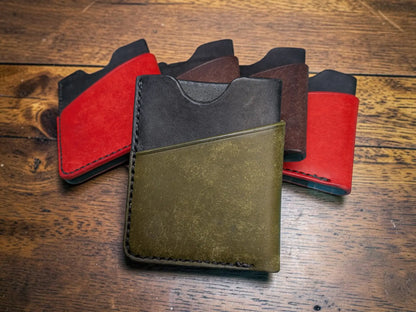 Olive green and black kade card holder full grain leather wallet with visible stitching