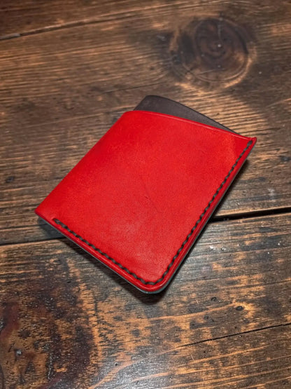 Kade card holder full grain leather wallet in red with dark stitching and black interior for organized card storage