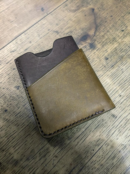Kade card holder full grain leather wallet with two-tone dark brown and weathered tan stitched design