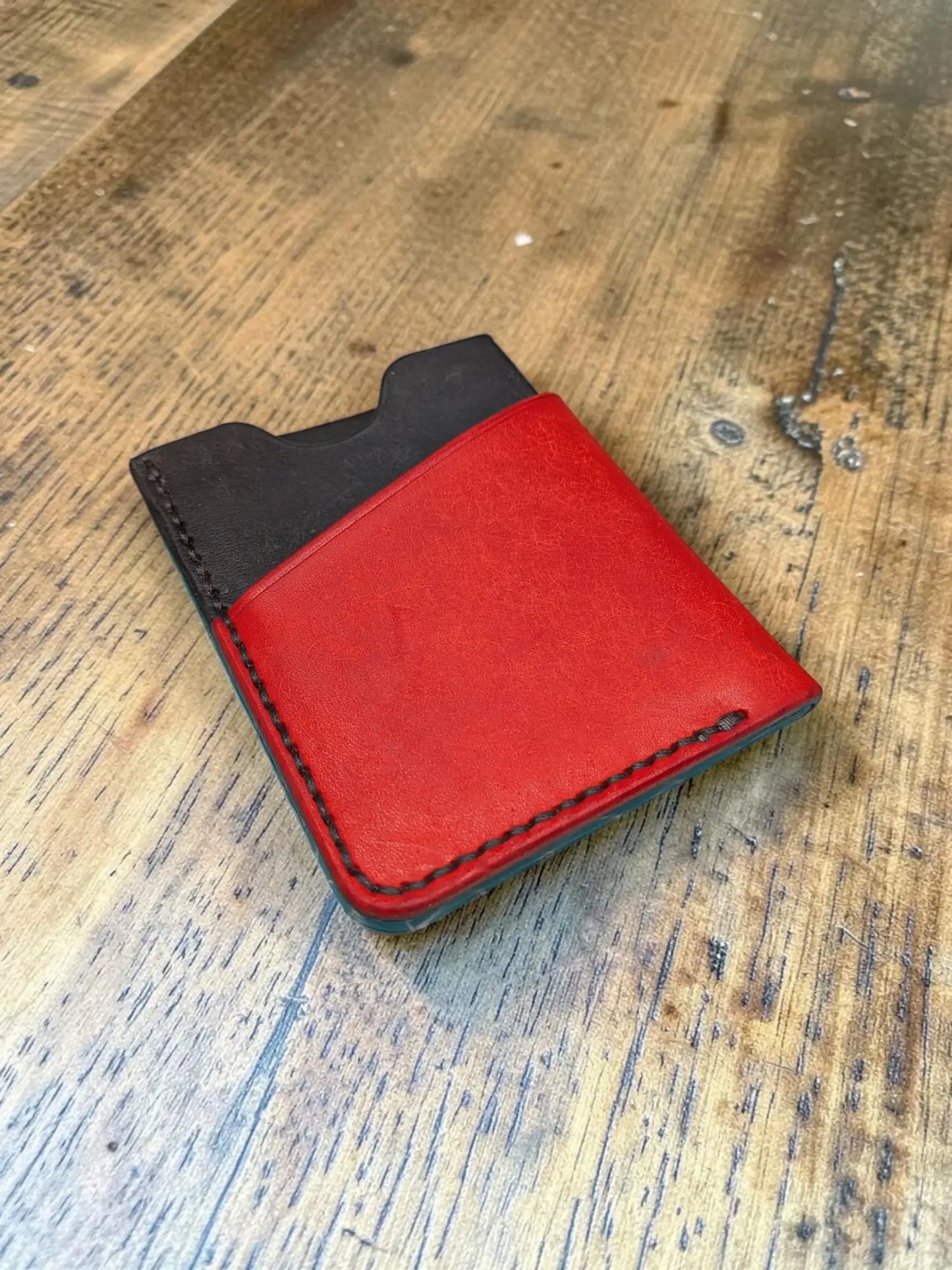 Red and black kade card holder full grain leather wallet with contrasting stitching