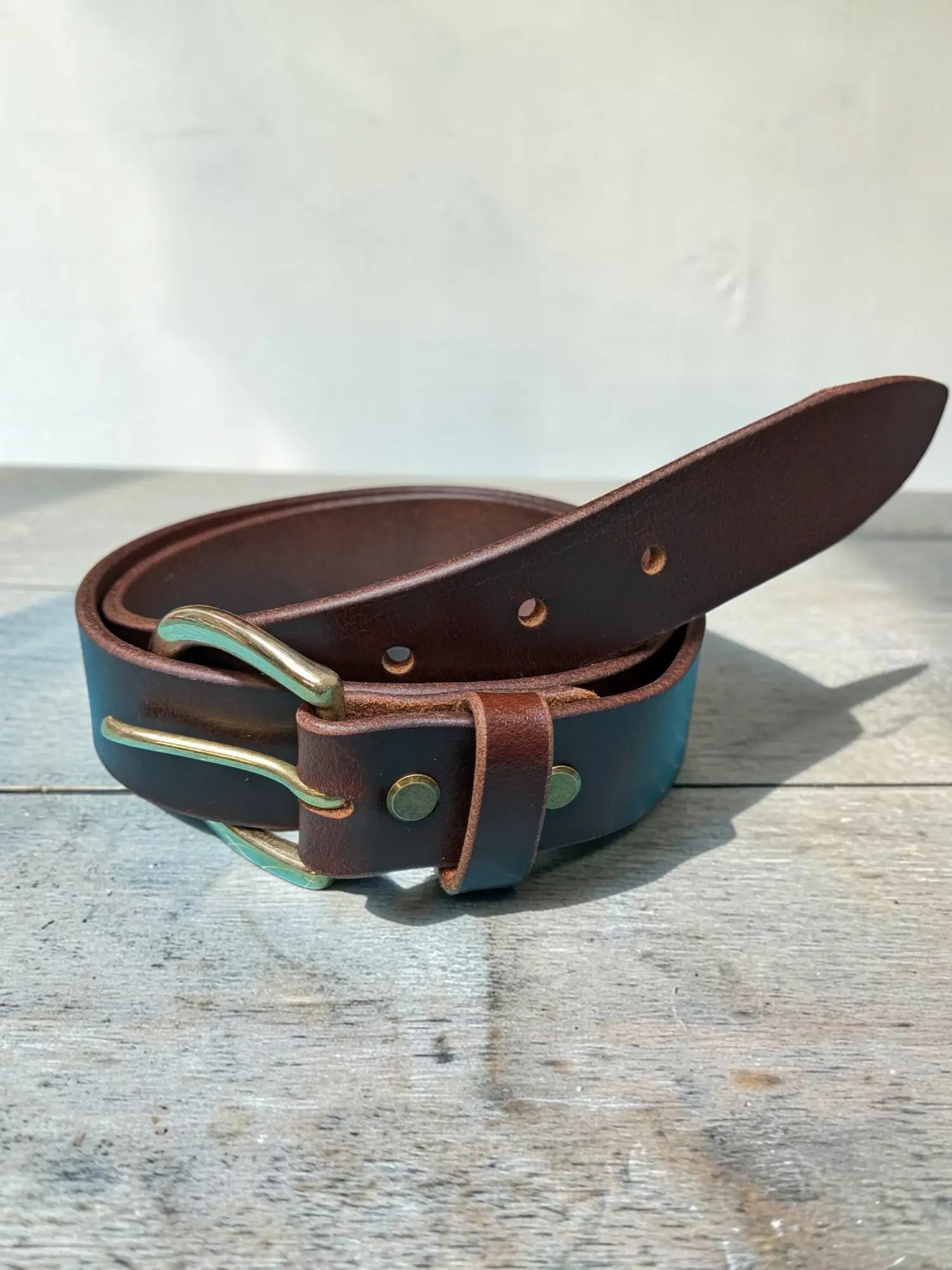 Brown leather belt with brass buckle and rivets made from oak buffalo hide full grain leather for women